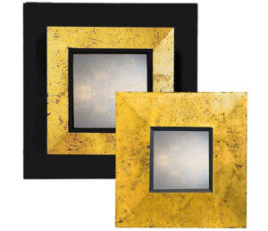 pastel gold reverse profile mirror, showing rectangular mirror with gold frame and pastel pattern,.