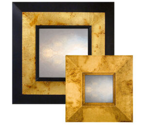 speckled gold reverse profile mirror, showing rectangular mirror with gold frame and speckled pattern,.
