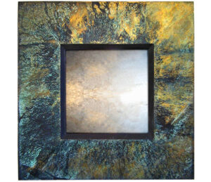 verdigris reverse profile mirror, showing rectangular mirror with green frame.