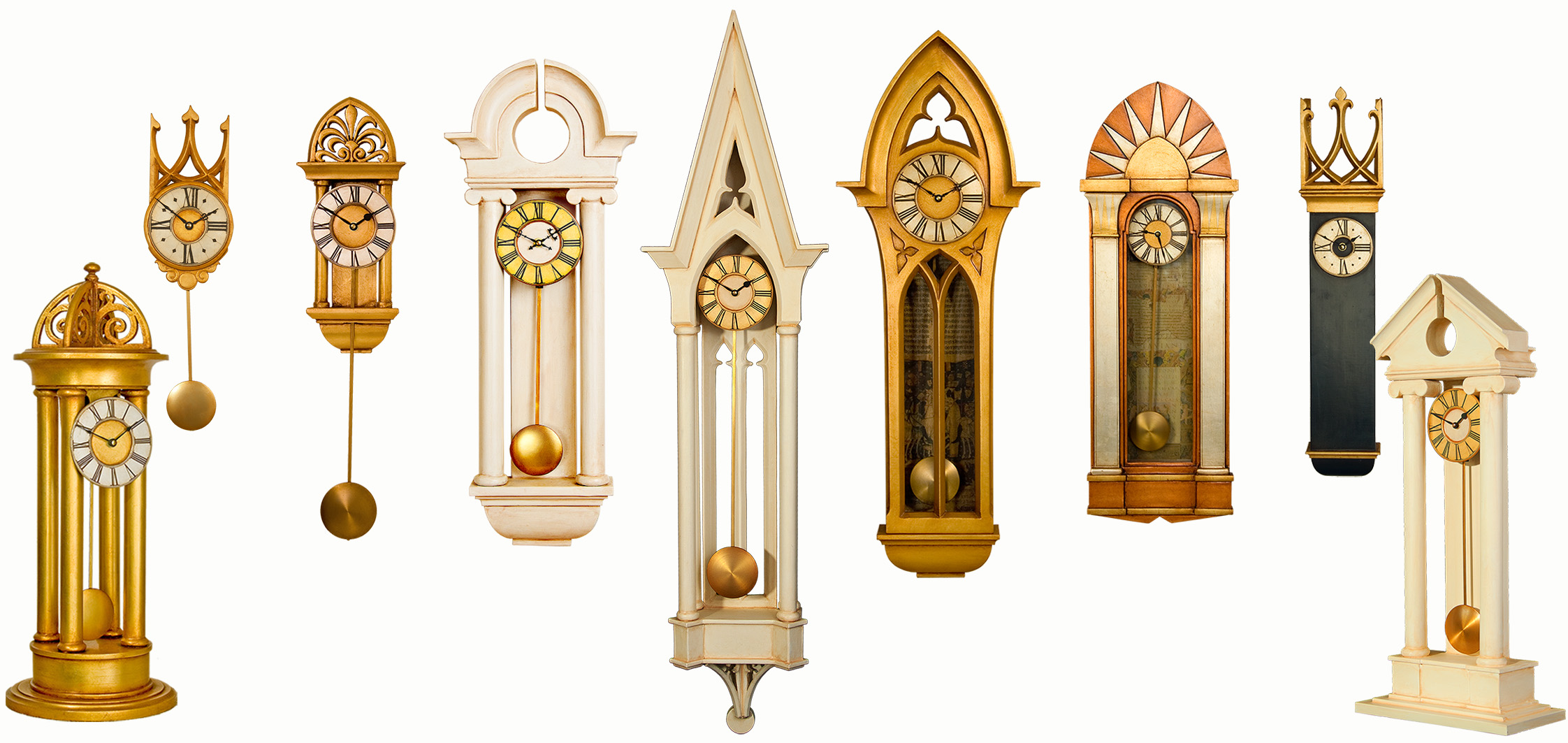 A stunning selection of my handmade pendulum clocks.