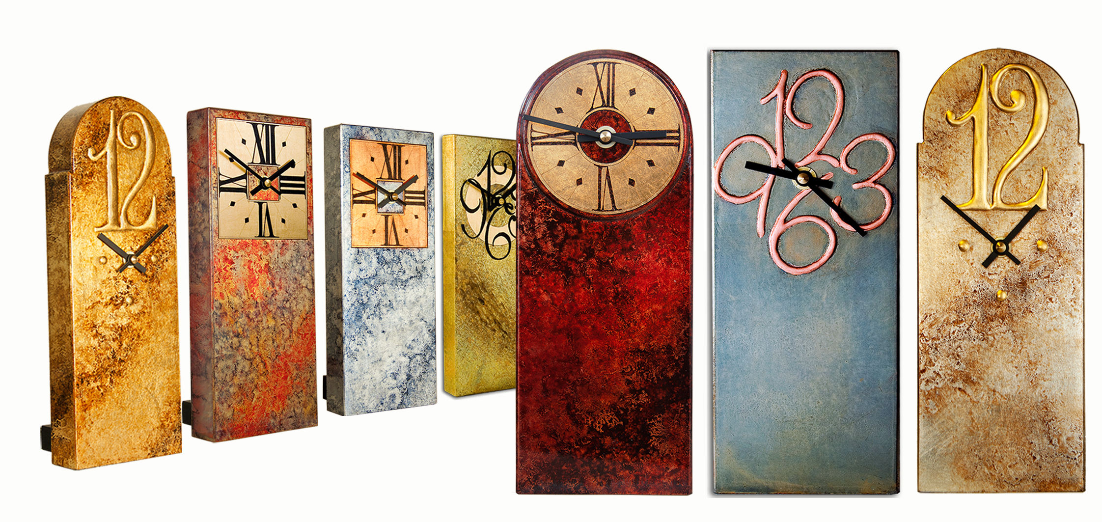 A stunning selection of my mantel clocks in their unique finishes.