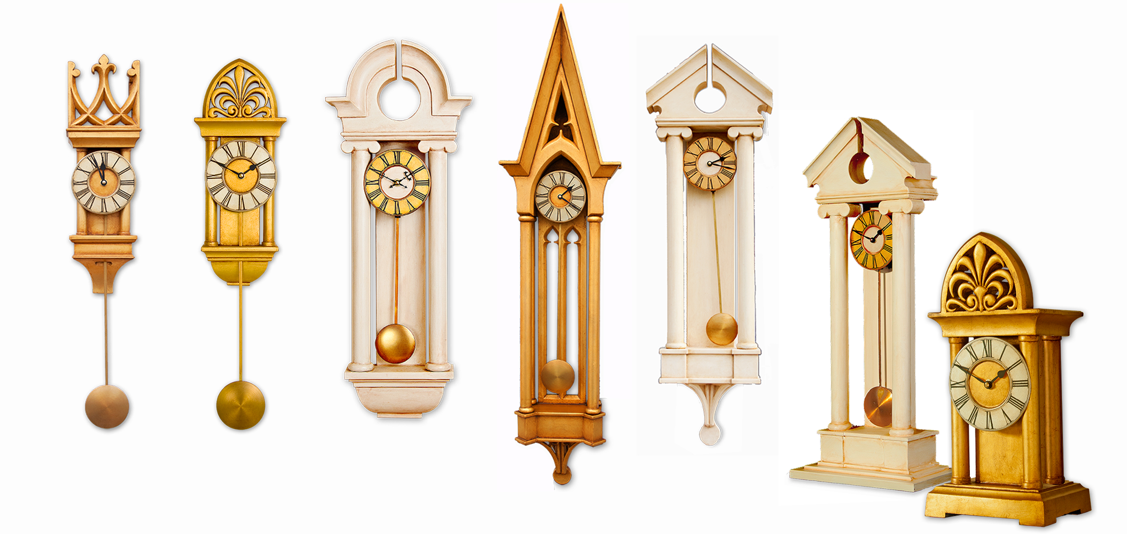 group of four wooden case column clocks with different designs and colors, arranged on wooden case table.