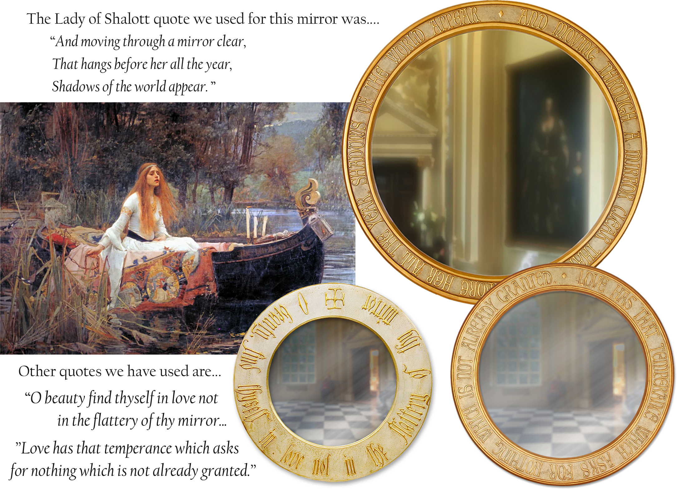 Large, medium and small sized gold and silver mirrors with quotes in gold script.